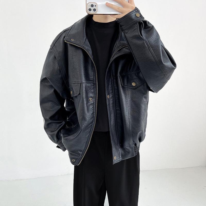 Retro Motorcycle Jacket Men's Handsome Short Casual Spring and Autumn High-end Loose Stand-collar Bomber Jacket