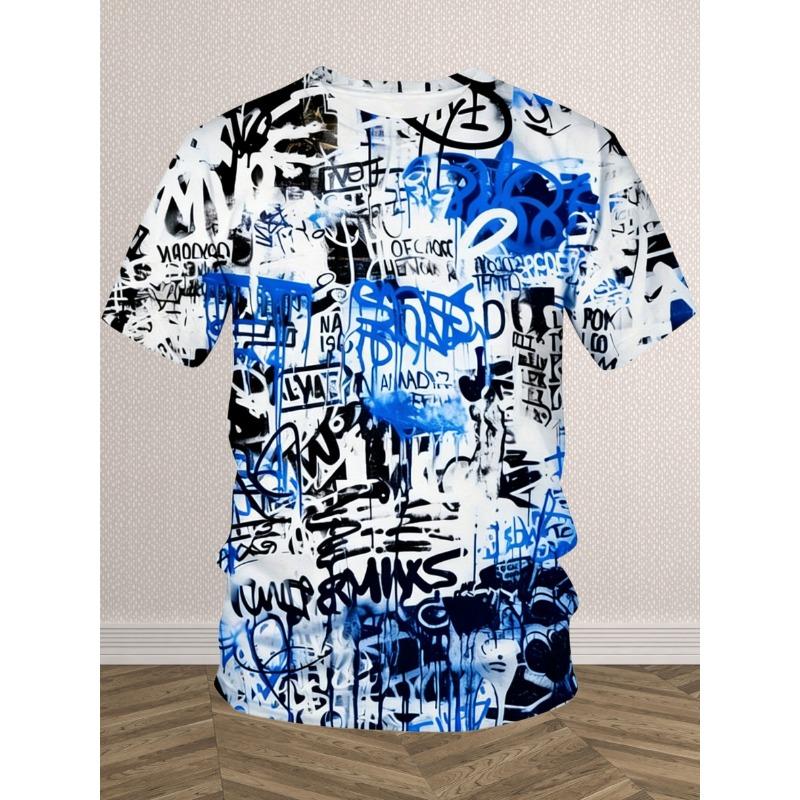 Men's Hip Hop Short Sleeve T-Shirt Bright Digital Printed Round Neck Casual T-Shirt