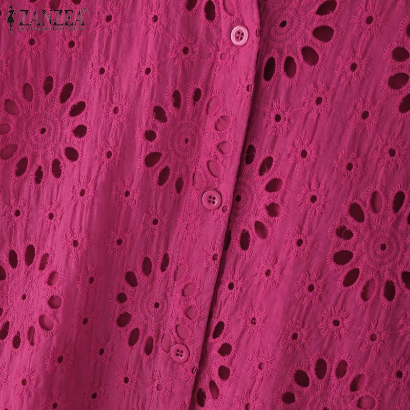 ZANZEA Blusa Casual para Mujer con Cuello Vuelto, Manga 3/4 Holgada, Calada, Patchwork