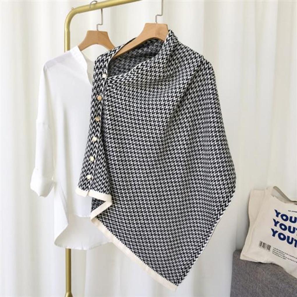 Classic Knit Button Cape Shawl (Black)