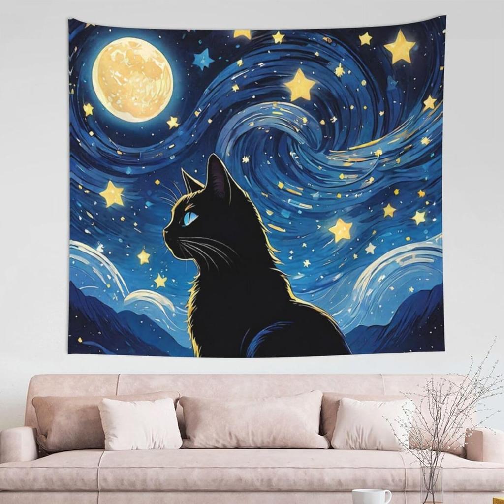 Celestial Black Cat Tapestry, Mystical Cat Under Starry Sky and Full Moon Wall Hanging for Modern Aesthetic Room Decor