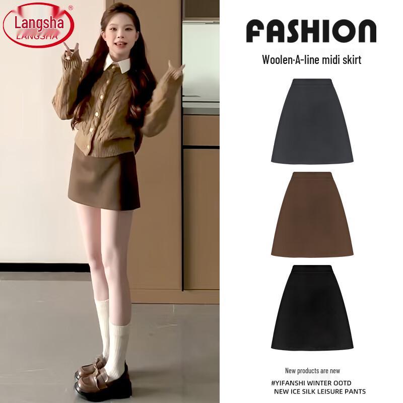 LÀNGSHĀ Women s High-Waist A-Line Tweed Mini Skirt M