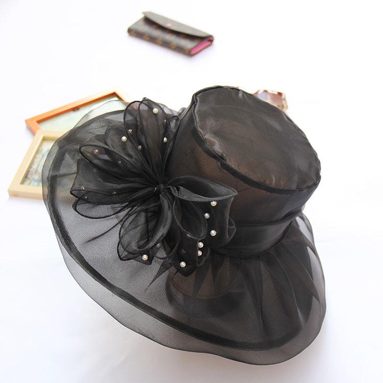 New Retro Wedding Hat Pearl Mesh Flower Top Hat Double Organza Sunshade Big Eaves Hat Sun Hat Women