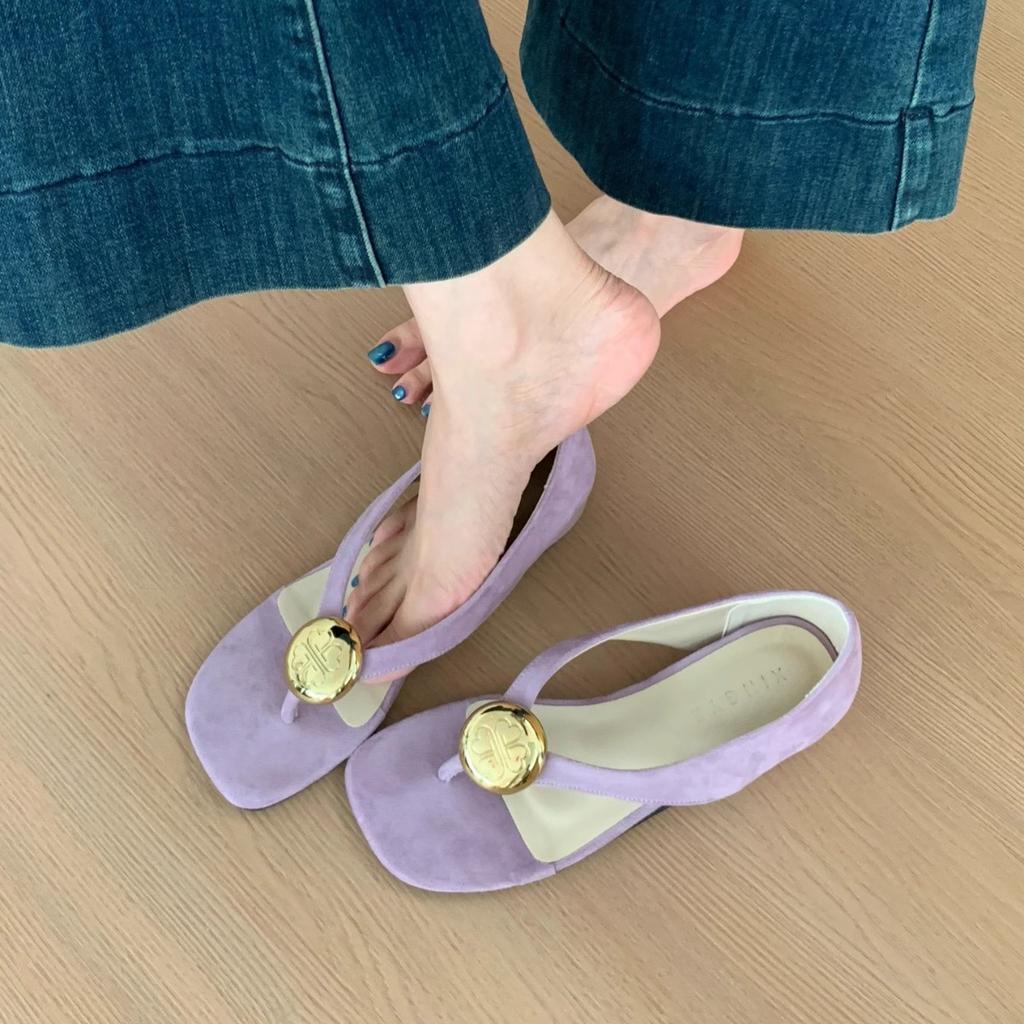 Super easy to wear 2025 summer new flat-bottomed versatile Mary Jane shoes women's shoes suede metal buckle round head shallow mouth single shoes