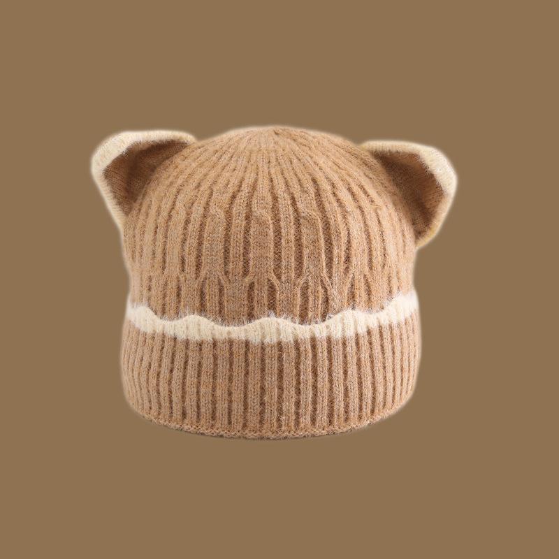 Winter Cute Cartoon Plush Hat with Large Brim for Women Japanese Style Warm and Thickened Ear Protection Knitted Hat with Bear Ears