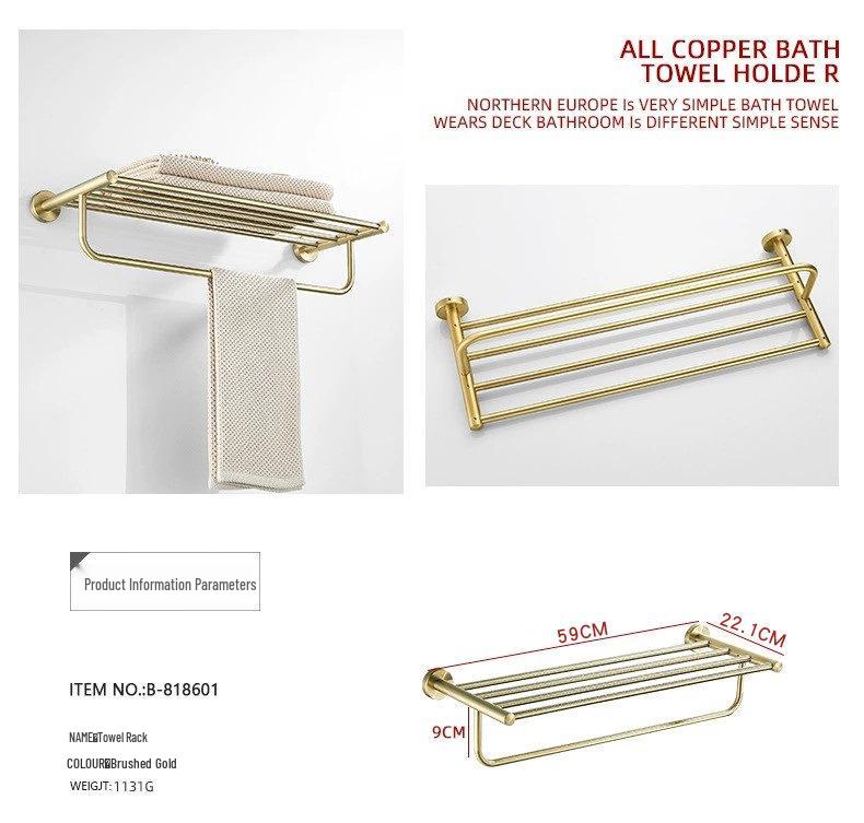 Gold Brushed Stainless Steel Bathroom Set: Towel Rack, Toilet Paper Holder, Storage Shelf, Clothes Hook, No Drill.