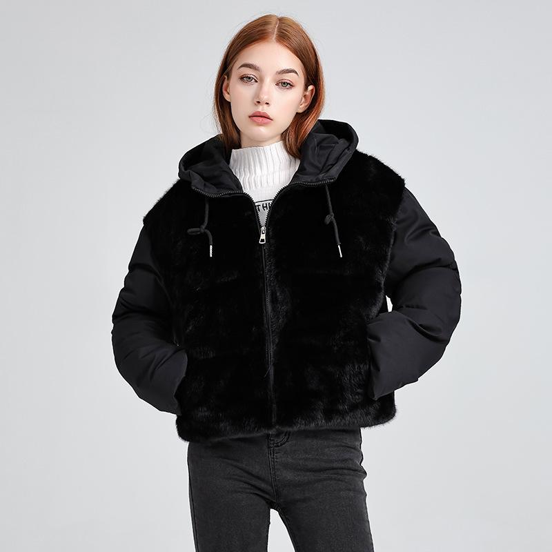 

Winter Short Hooded Lamb Wool Stitching Warm Down Jacket M чёрный