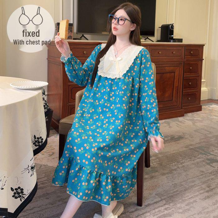 Retro-Blumen-Baumwoll-Nachthemd mit langen Ärmeln & Brustpolstern, Übergröße 220 Jin - Bequem für Frühling & Herbst