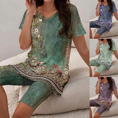 Women's Fashion Casual Flower Pattern Print Short Sleeve V-Neck Blouses & Shirts Shorts Suits
