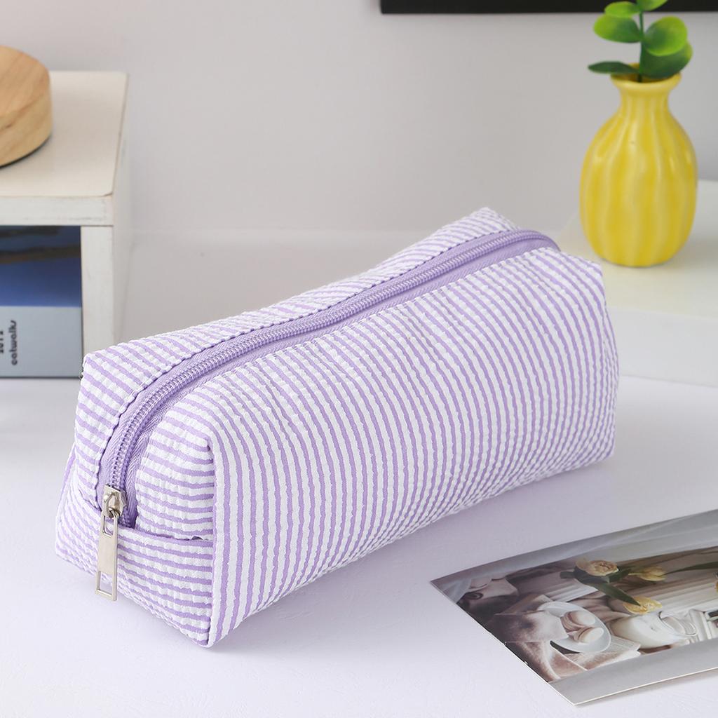 Cute Striped Canvas Pencil Case, Small Travel Pouch with Zipper, Large Capacity Portable Stationery Bag for School Office Girls