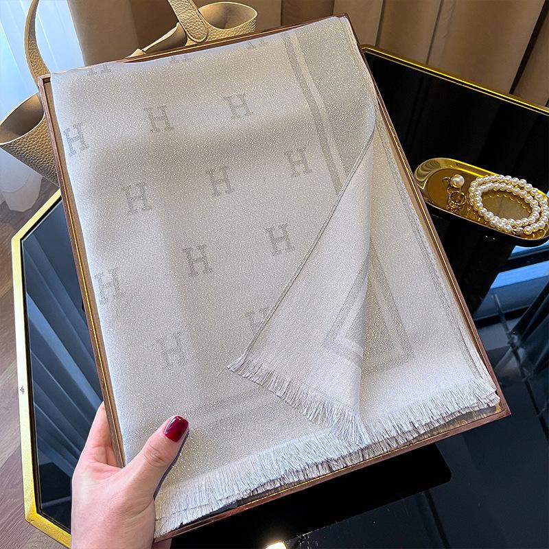 1116 new H letter imitation silk scarf simple fashion versatile shawl tencel cotton silk scarf scarf