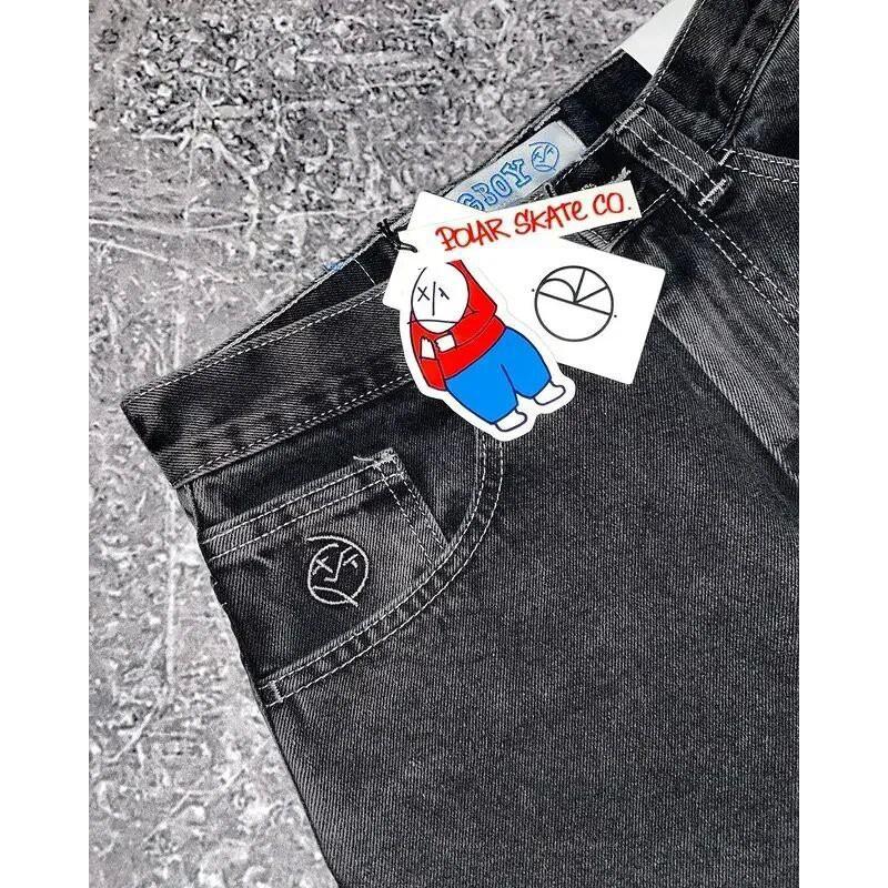 Mens Y2K Streetwear Loose Fit High Waist Denim Jeans With Cartoon Print Straight Leg Mid Rise Stretch Cotton All Season Casual