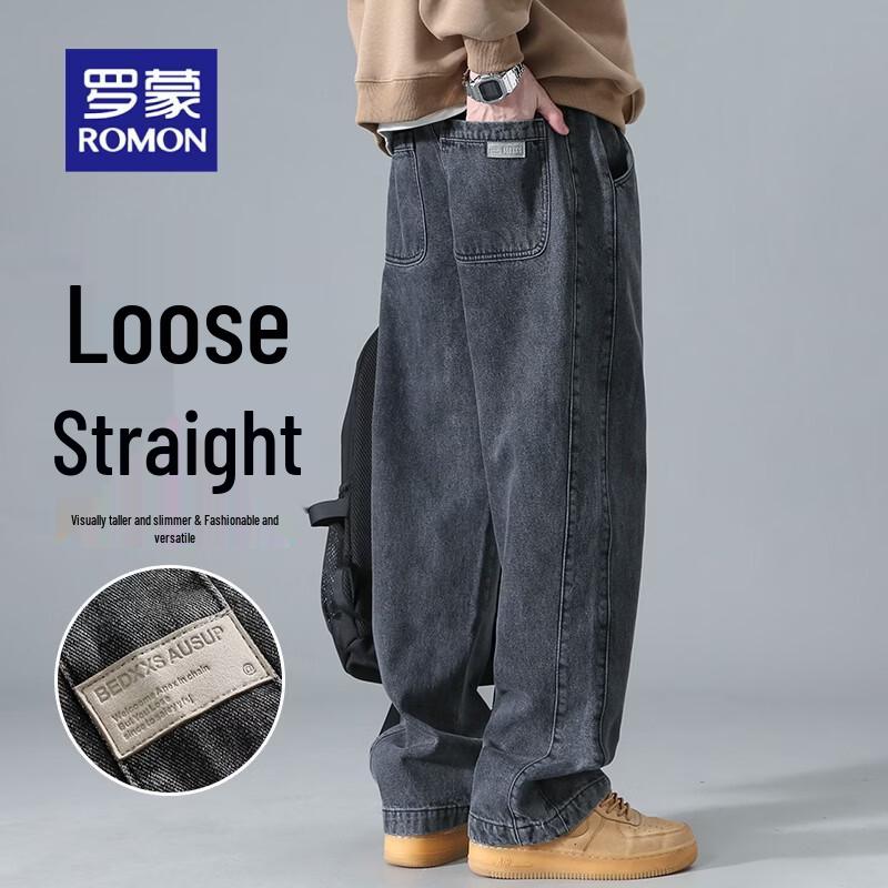 Romon Men s Spliced Straight-Leg Denim Jeans L