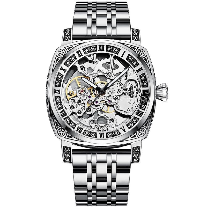 TEVISE Watches for Man Square Retro Mechanical Watch Self-Wind Carved Skeleton Automatic Watches Vintage Leather Strap Wristwatch