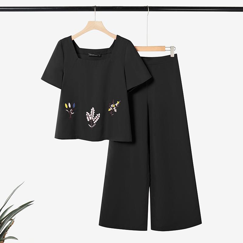 

Летний комплект из двух предметов ZANZEA: блузка с квадратным вырезом и короткими рукавами, с вышивкой, и брюки. 5XL чёрный