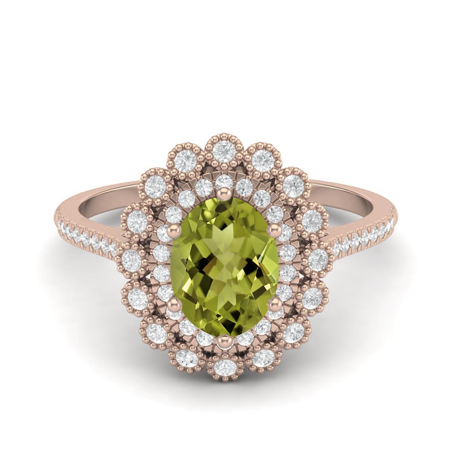 

8X6mm Oval Peridot 925 Sterling Silver Rose Vermeil Solitaire Halo Floral Engagement Women Ring 8 Яскраво-рожевий
