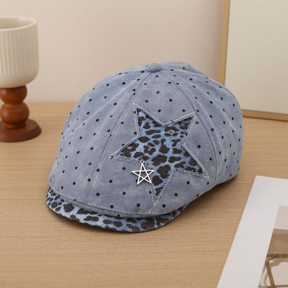 Leopard Denim Beret Hat Star Rivet Baseball Hat New Newsboy Cap  Y2K