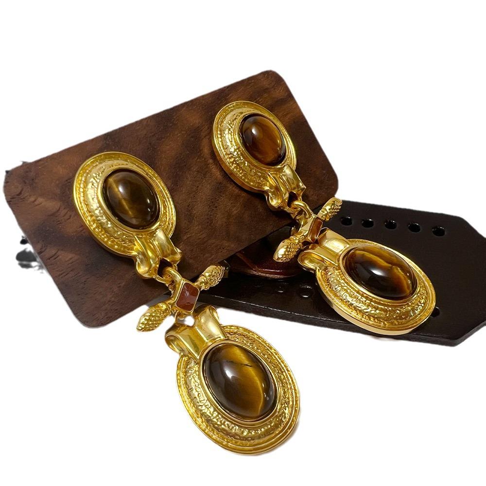 Vintage Französische Antike Gold Tigerauge Stein Ohrringe