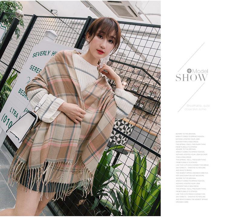 Kockovaný zimný šál pre ženy – strapcový šál v kórejskom štýle z imitácie kašmíru