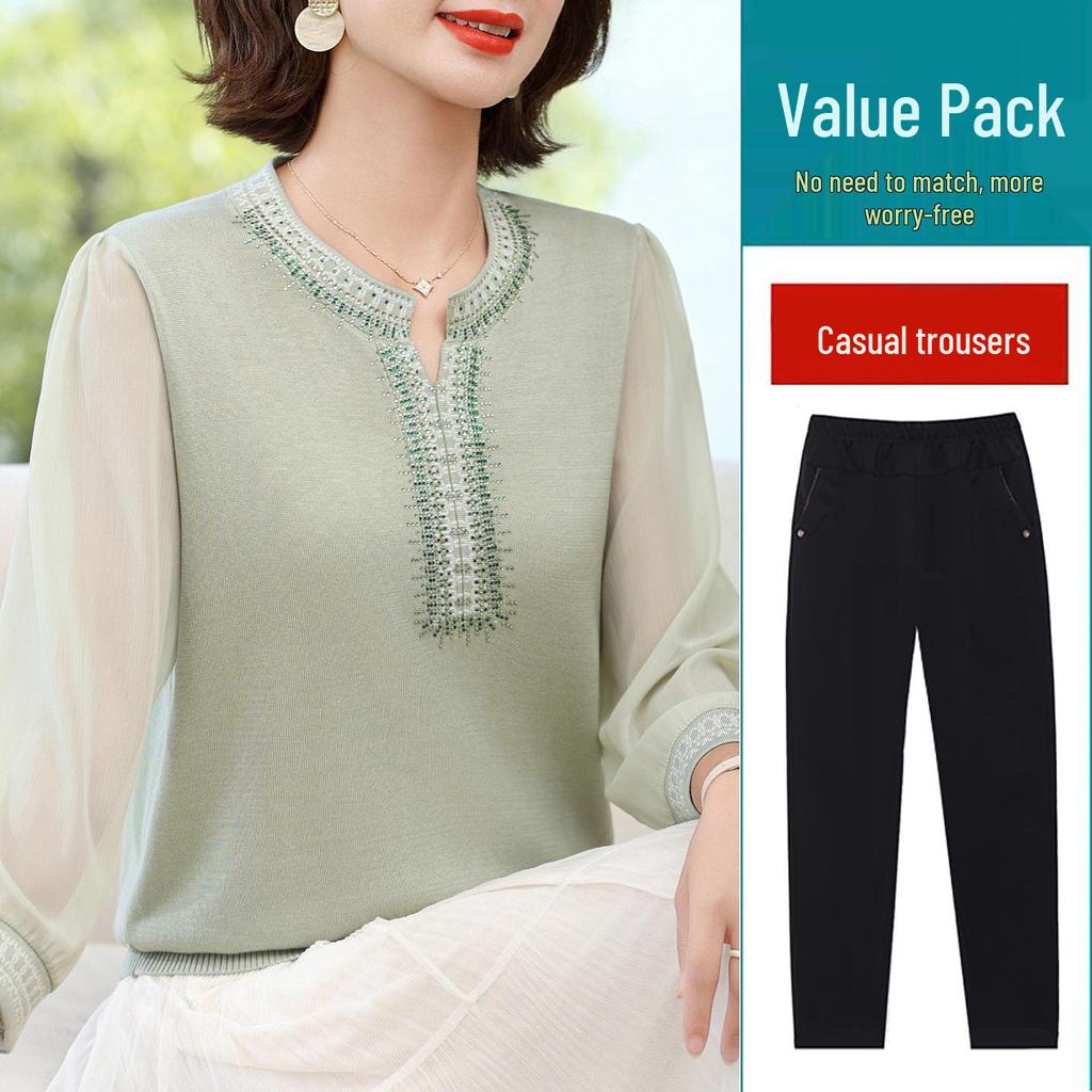 Schickes Herbst-Rundhals-Langarm-T-Shirt für Frauen mittleren Alters & ältere Frauen - Stilvolles Strickoberteil mit Gaze-Ärmeln