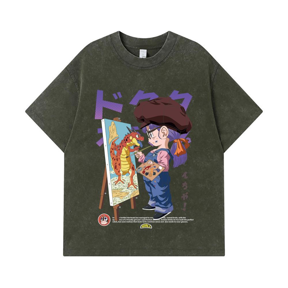 

275 GSM Washed T-shirts 100% Cotton Dragon Ball V10 Arale Print Unisex Heavy Cotton T Shirt S армия зеленый