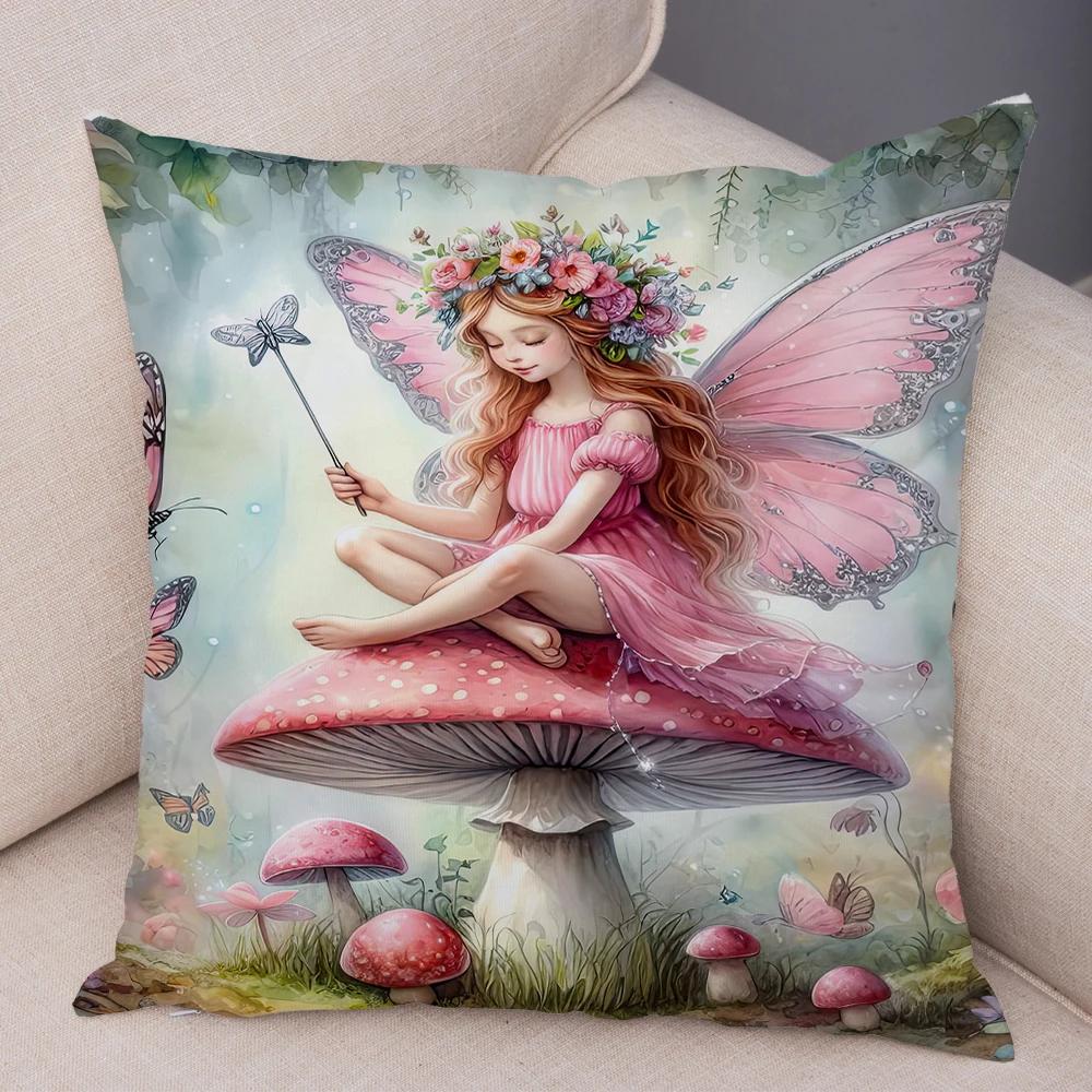 Niedlicher Cartoon Waldmädchen Elfen Kissenbezug Doppelseitig bedruckter Kissenbezug Deko für Sofa Zuhause Superweicher Plüsch Kissenbezug 40x40cm