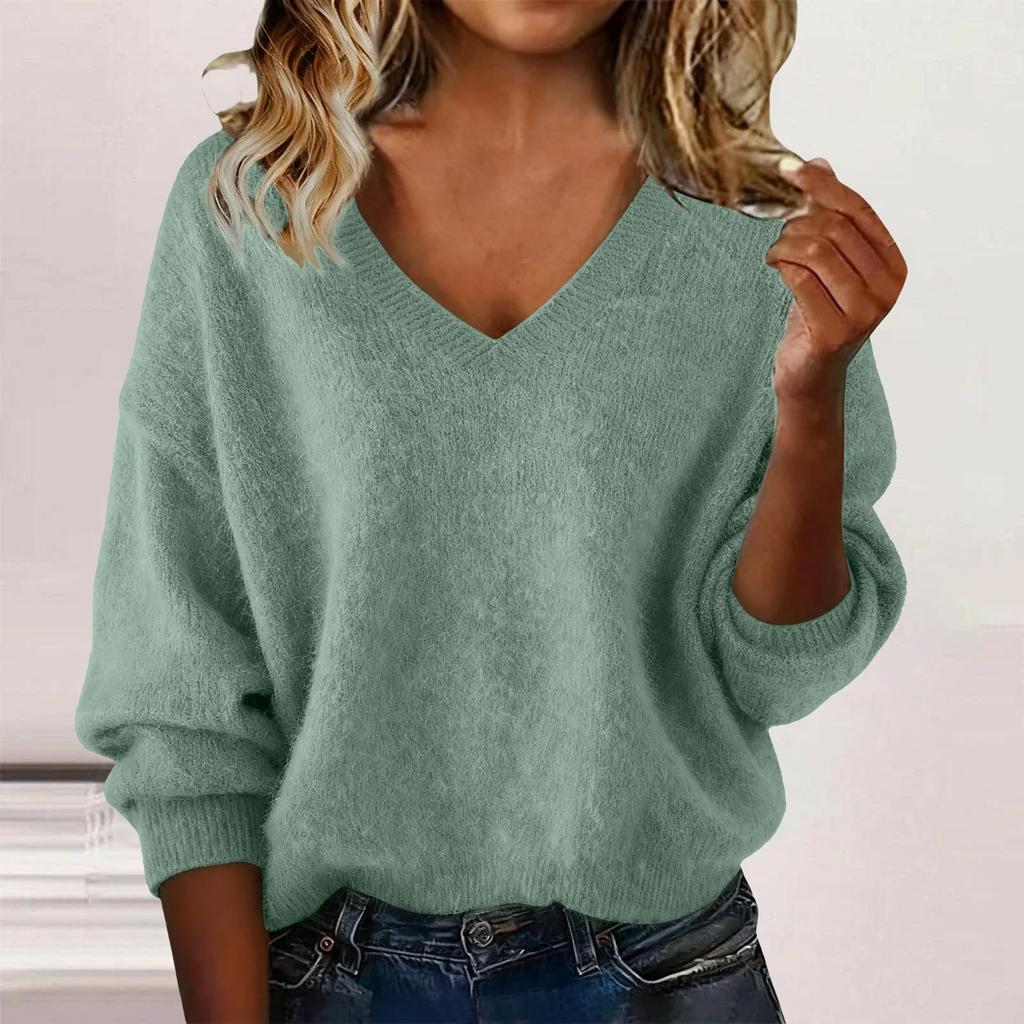 Women's Fashionable Casual Knitted Top Loose-Fit Solid-Colour Long-Sleeved Jumper
