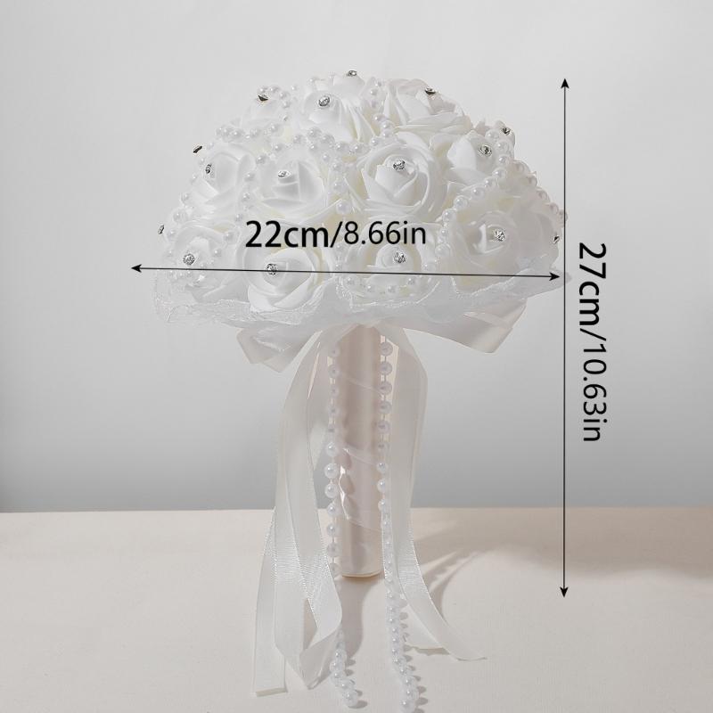 Elegant Pearls Ribbon Bridal Flower Bouquet with Rhinstones Studs for Bride and Bridesmaid Special Occasion Photo Props
