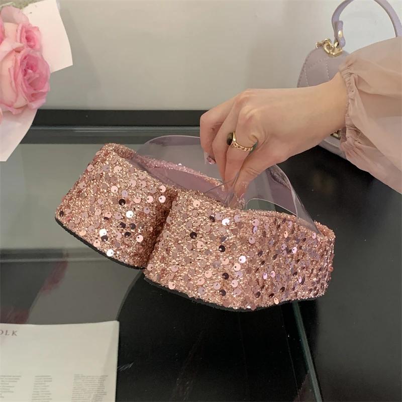 Summer Fashion Bling Sequin Cloth Square Toe Platform Wedge Heels Slippers Woman Banquet Sandals Slide Shoes