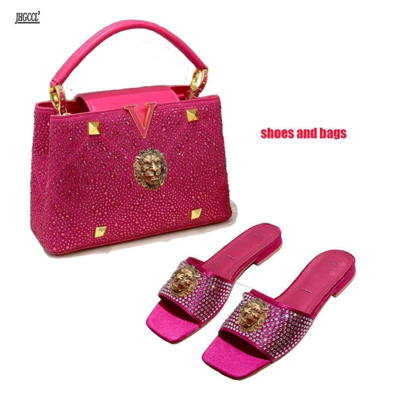 Fashion High-end Diamond Rose Red Women's Slippers Fish-mouthed Back Hollow Lion Cool Slippers Rhinestone Slippers Chain Bag Set B9