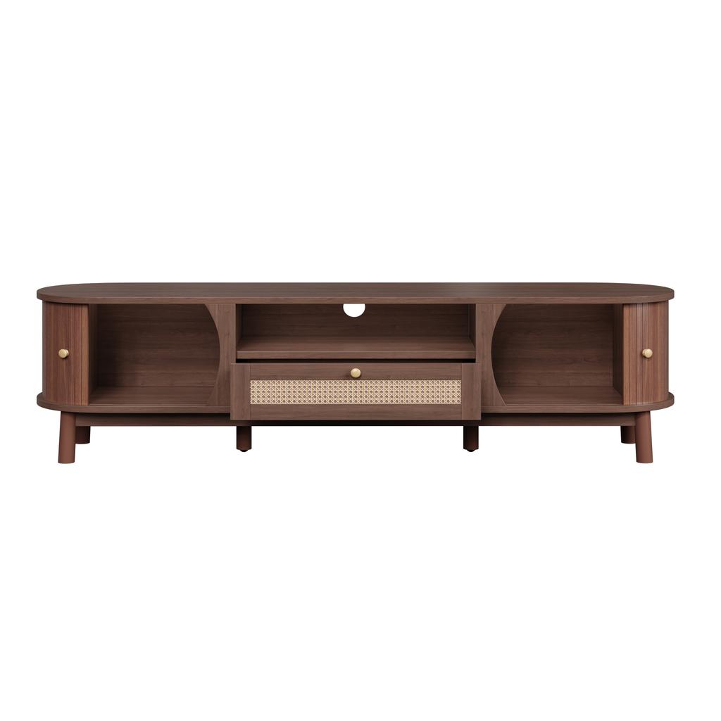 TV Cabinet with Doors and Drawers. TV Cabinet Made of Rattan, Solid Wood Doors, Storage Solution In Country House Style – Low Front Panel.