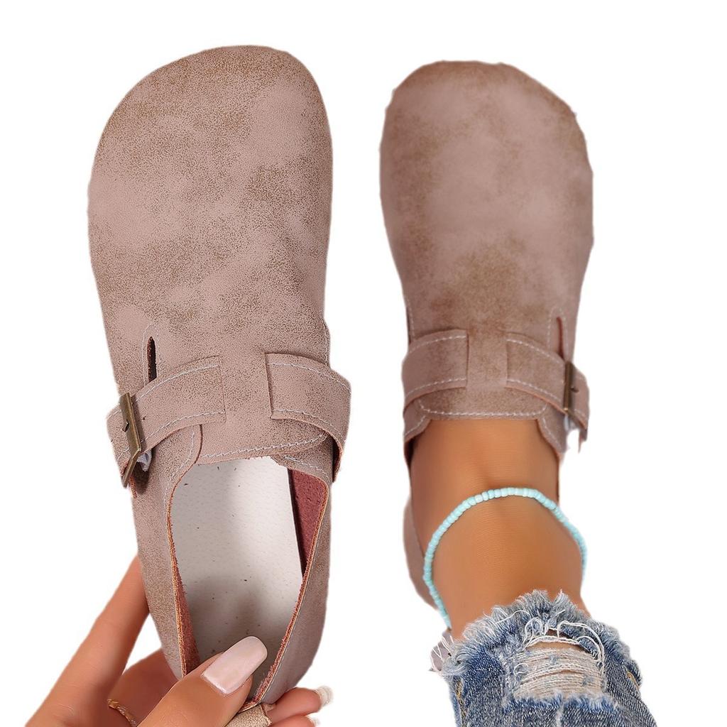 Retro flat-bottomed belt buckle low-top single shoes women's new one-pedal lazy loafers Doudou shoes 2025