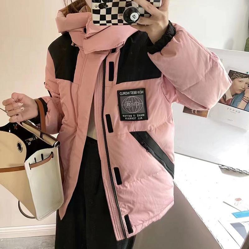 Hooded tooling down jacket women's short winter new contrasting color design sense thickened couple pie to overcome the jacket tide