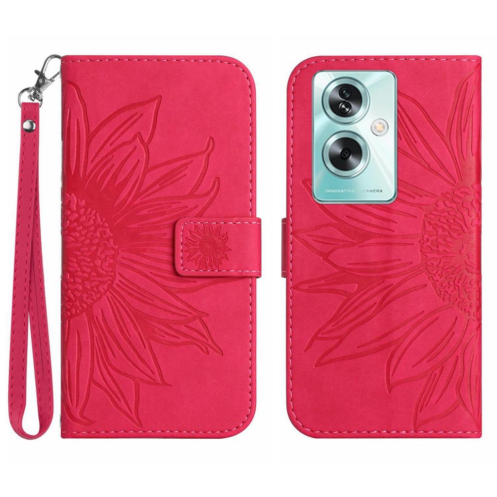 HT04 For Oppo A59 5G Case Wallet Leather Cover Sunflower Pattern with Hand Strap