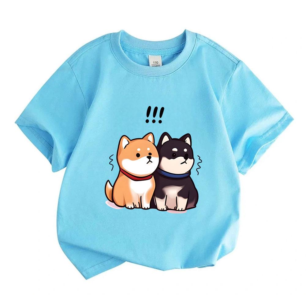 Kids Boys Girls Crew Neck Short Sleeve 100% Cotton T-shirt, Cute Cartoon Shiba Inu Couple Surprised Print Casual Soft Breathable Summer Tee for Childr