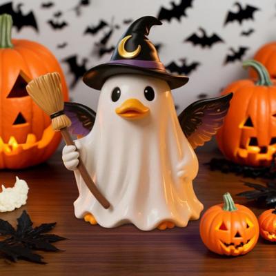 Halloween Witch Ghost Figurine with Candy Corn Pumpkin Decor Ghost Duck Halloween Resin Statue Halloween Decor