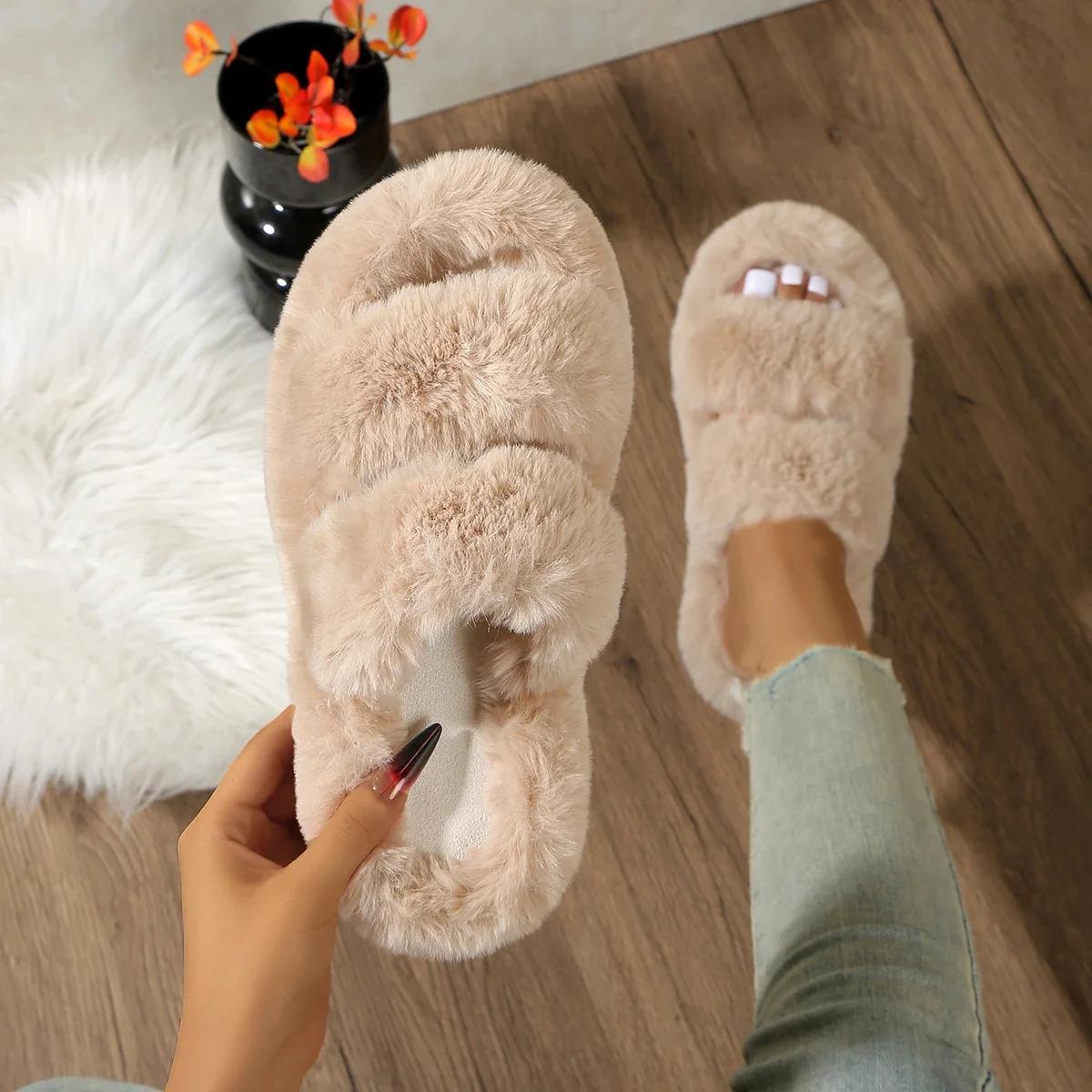 

Модные женские хлопковые тапочки для дома, теплые меховые туфли, женские 2025, с открытым носком, пушистые тапочки, модные плюшевые женские домашние туфли, шлепанцы женские 35