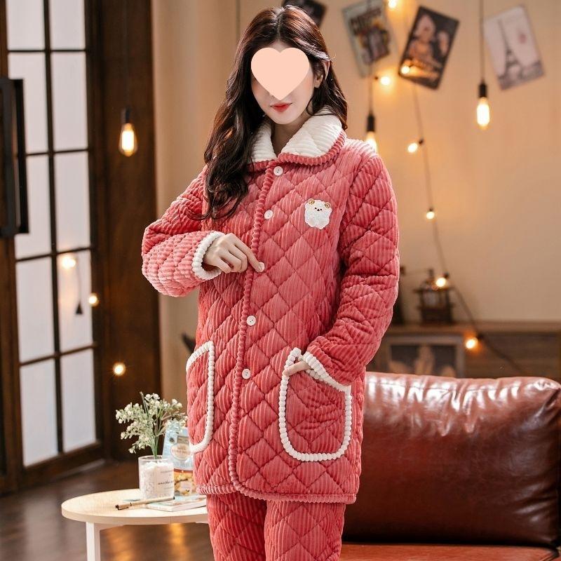 Pajamas women's winter warm winter fleece thickened coral fleece three layers of cotton autumn and winter women's loungewear