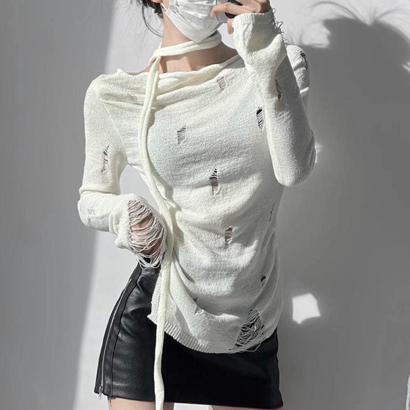 

Сексуальный рваный ажурный плиссированный вязаный свитер женский осенний винтажный длинный рукав повседневные свободные женские свитера топы элегантный круглый вырез трикотаж 24828 One Size белый