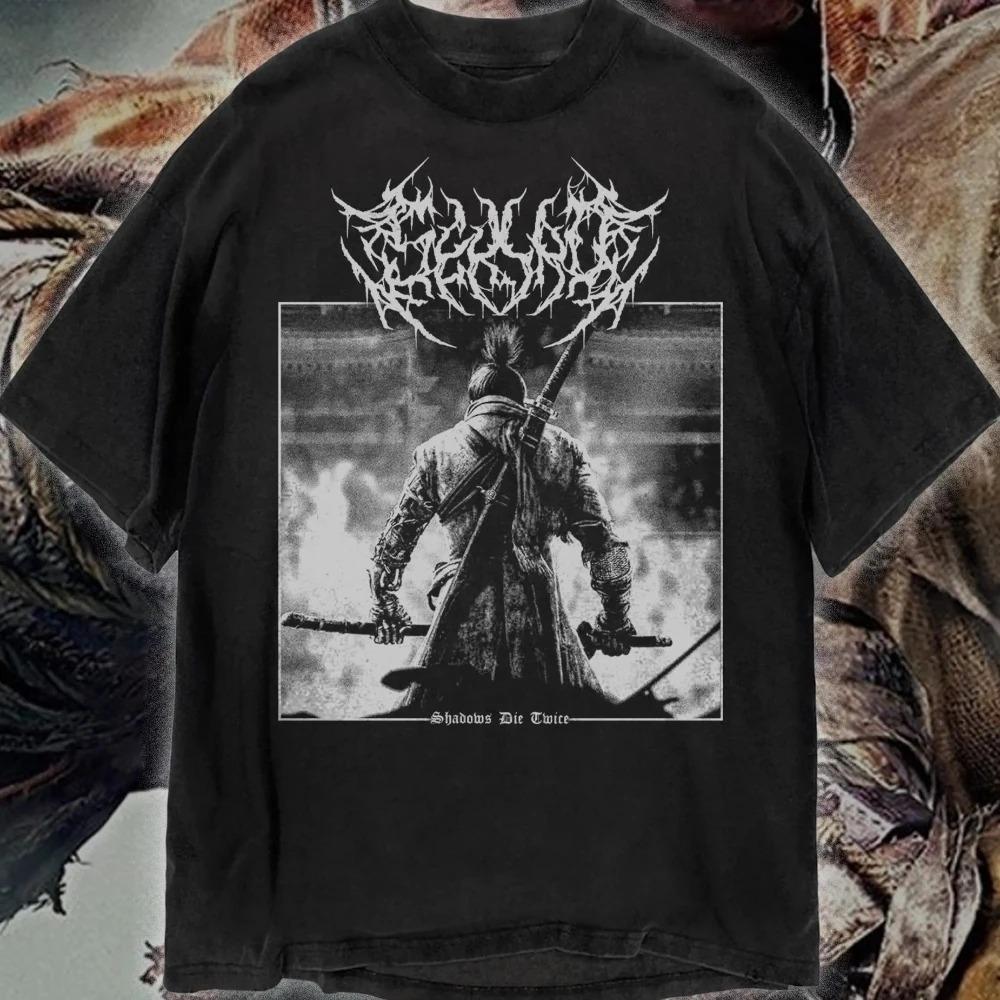 Секиро: Shadows Die Twice Черный металл Винтажная стираная оверсайз футболка | Унисекс Самурай Игровой уличный стиль 4XL