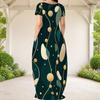 Women Plus Size Round Neck Short Sleeve Jewel Floral Printed Loose Maxi Dress With Side Pockets