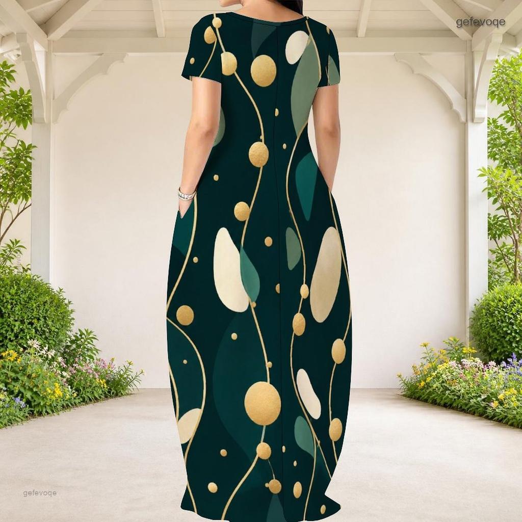 Women Plus Size Round Neck Short Sleeve Jewel Floral Printed Loose Maxi Dress With Side Pockets