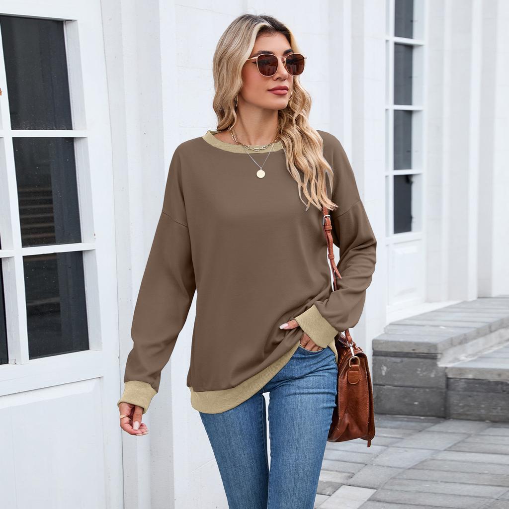 Women's Round Neck Loose Top Long Sleeved Color Blocked Ribbed Sweatshirt