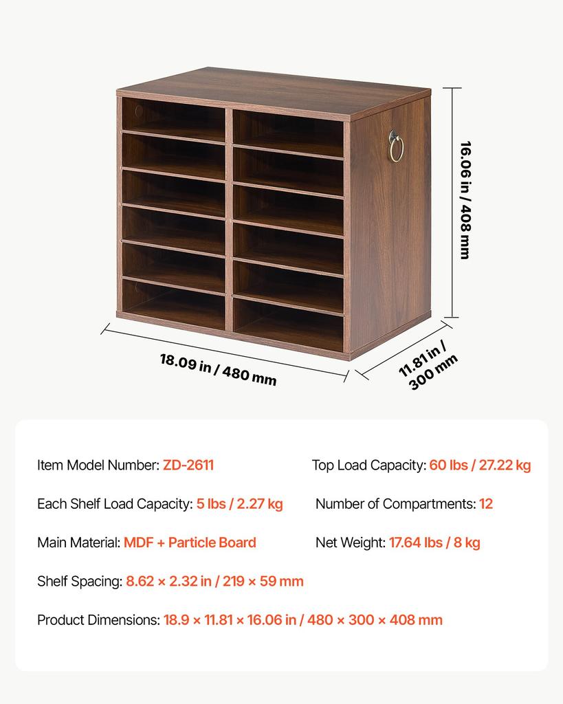 VEVOR Wood Literature Organizer 12 Compartments Office Mailboxes Brown, Countertop Literature Sorter for Files Documents Papers