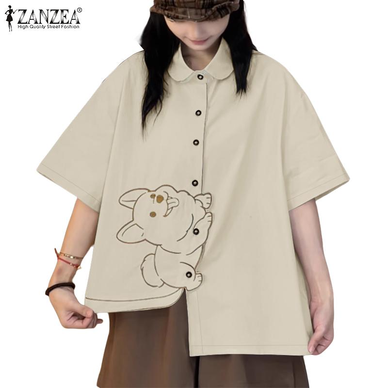 ZANZEA Women Casual Turn Down Collar Loose Short Sleeve Irregular Blouse