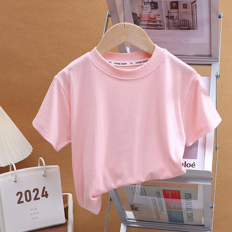 Kids' Summer Ice Silk Short-Sleeve Solid Top: Round Neck, Fashionable and Versatile for Boys and Girls