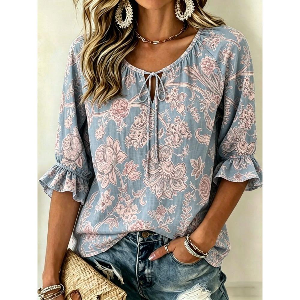 Damen Weiße Spitze Blumendruck Krawattenhals Bluse, Lässige Lockere Oberteile für Frühling Sommer Tägliche Kleidung & Urlaubsanlässe