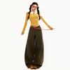 Women's Wide Leg High Waist Brown Cotton Jeans with Pleated Drapey Design - 2025 Collection