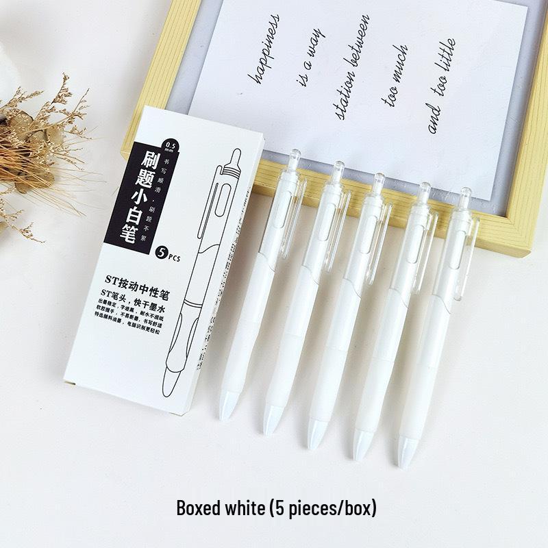 Press-Type Quick-Dry 0.5mm White Pen - Ideal for Students & Exams, Black Ink, Neutral ST Head, Perfect for Signing & Practice