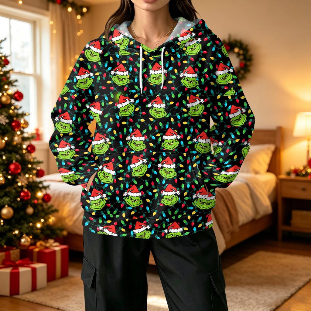 Women's Casual Christmas Print Pullover Hoodie with and Pockets
